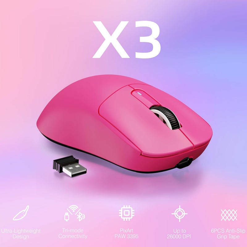 MANBASNAKE ATTACK SHARK X3 Wireless Gaming Mouse, 49g Ergonomic Computer Mouse, Triple Modes PAW3395 26K DPI Optical Sensor, 200h Battery Life, Programmable Buttons, Gaming Accessories for PC/Laptop/Mac (Berry) - Image 3